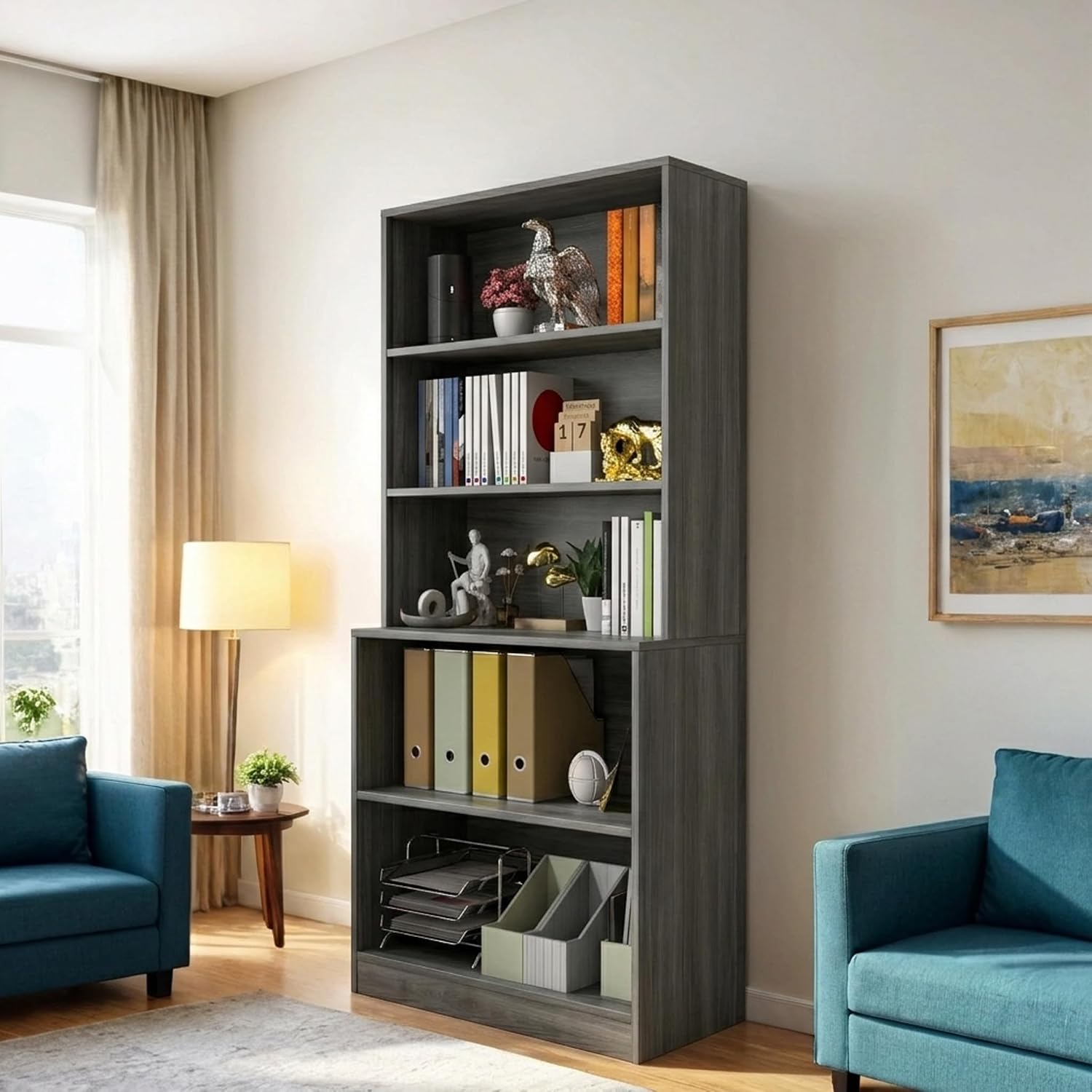 holzart 71" Tall Book Shelf, 5 Tier Large Bookshelf, Standing Wood Display Book Shelf for Living Room, Office, Library with Doors, 31.5" W x 70.87" H x 11.81" D, White