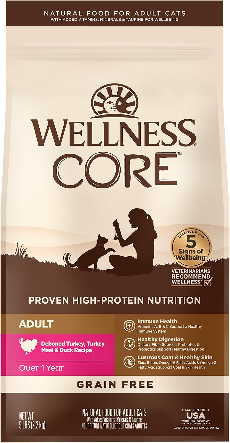 Wellness CORE+ Adult Dry Cat Food for Indoor Cats, Natural, Grain Free Kibble, Chicken, Turkey and Chicken Meal Recipe, 5 lb Bag