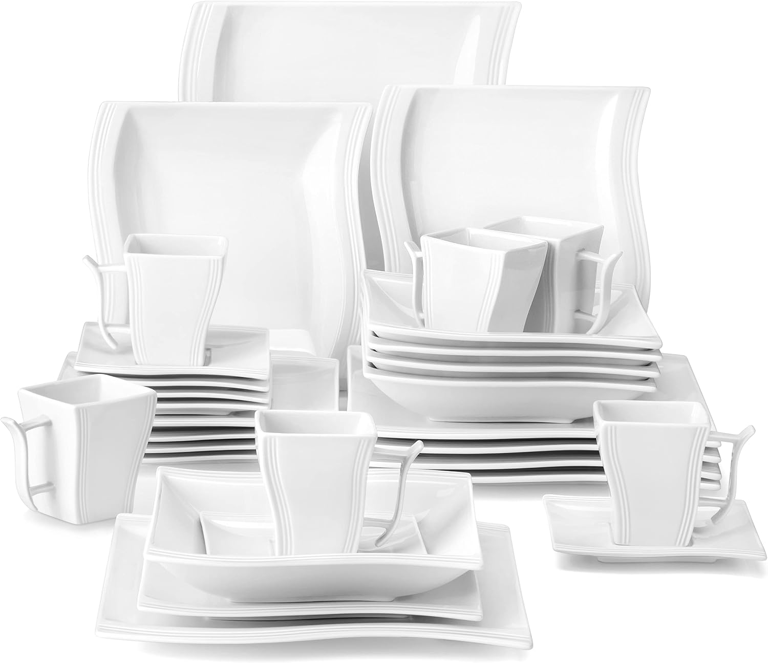 MALACASA Plates and Bowls Sets, 26 Pieces Ivory White Porcelain Dinnerware Sets without Mugs, Square Dinnerware with Dinner Plates, Bowls and Serving Platters, Modern Dish Set for 6, Series Flora