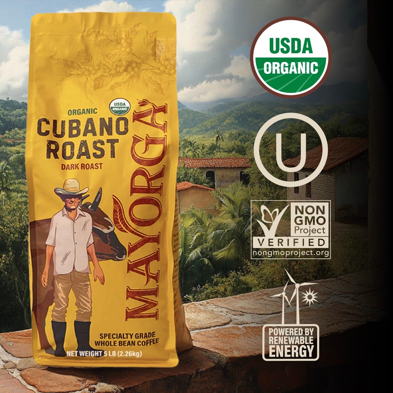 Mayorga Organic Coffee 12oz Cafe Cubano Roast - Dark Roast Whole Bean Coffee Specialty Grade, 100% Arabica, Slow Roasted, Bold and Smooth Flavor with Low Acidity - USDA Organic, Non-GMO, Kosher,