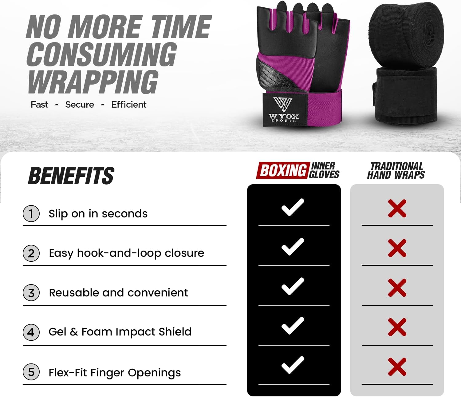 WYOX Neoprene Gel Boxing Hand Wraps Inner Gloves for Men & Women – 80cm/31in Quick Wrist Strap, Padded Knuckle Protection