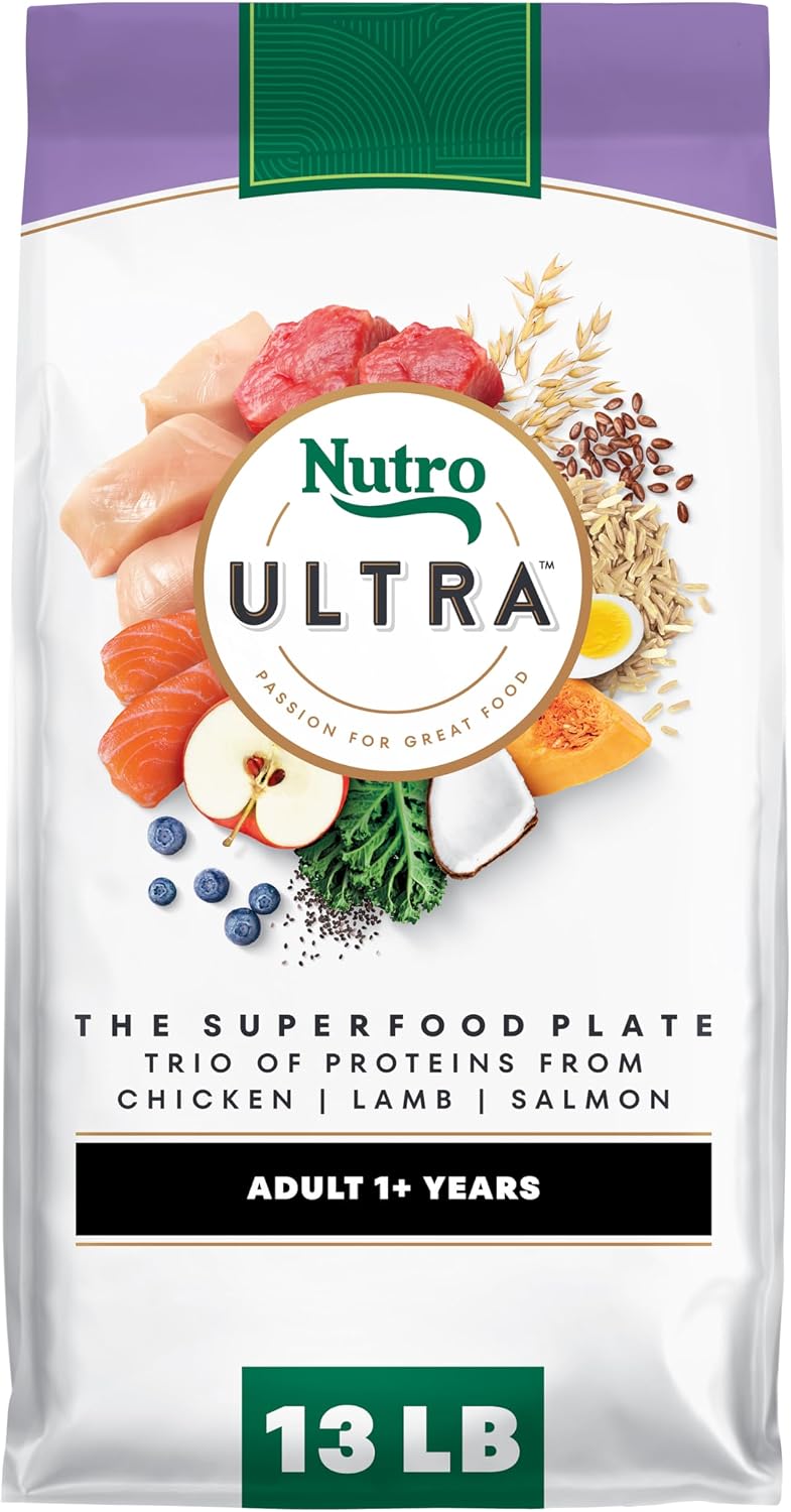 Nutro Ultra Dry Dog Food, Chicken, Lamb & Salmon Recipe, 30 lb | Trio of proteins, blend of 14 superfoods, omega 3 & 6 for radiant coat, antioxidants for immunity, natural fiber, non-GMO