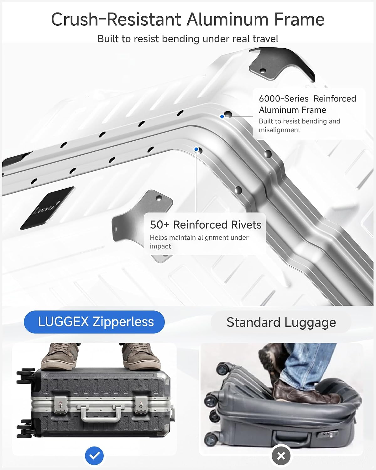 LUGGEX Zipperless Checked Suitcase, Aluminum Frame, Charcoal Metallic, 28" | Checked Luggage, 100% PC Hard Shell, 8010S Aluminum Frame, 8 Spinner Wheels, TSA Lock, Hard Shell, ZX-Core