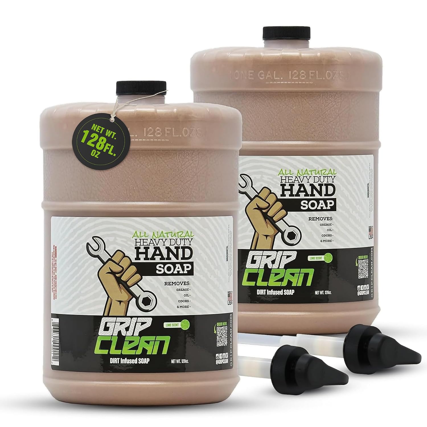 Grip Clean Heavy Duty Hand Cleaner For Mechanics, Natural Pumice, 64 Oz | Clay Infused, Grease, Oil, Grime Remover, Moisturizing Coconut Olive Oils, Lime Scent, For Shop, Garage, Industrial Use