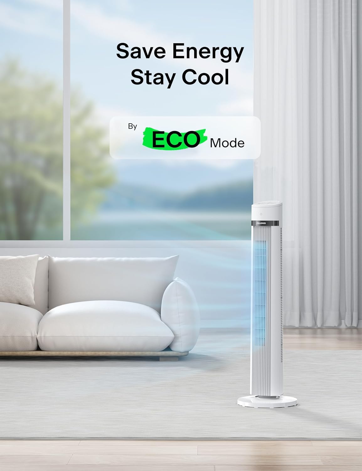 PELONIS 40-inch Bladeless Tower Fan for Bedroom, Standing Fan with Remote Control, 26ft/s, 90° Oscillation, 3 Speed Settings, 27 dB, 3 Modes