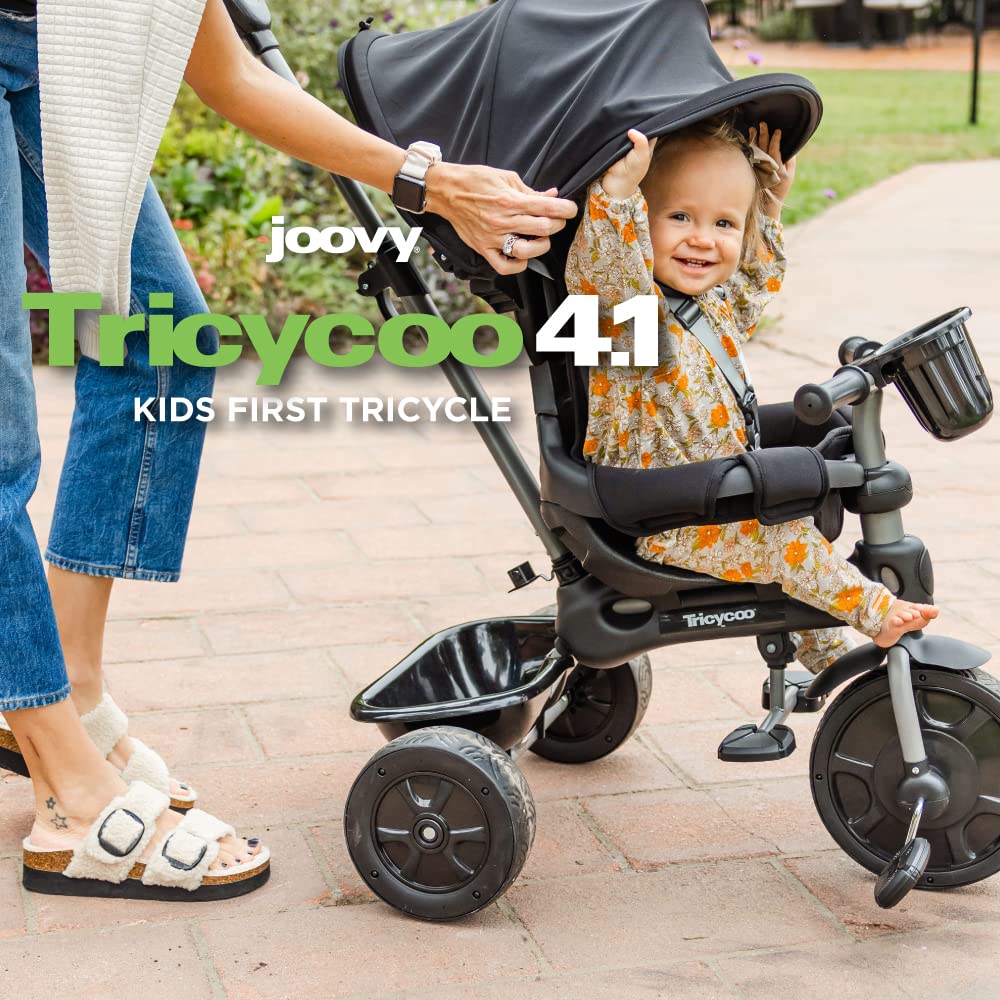 Joovy Tricycoo 4.1 Kids Tricycle with 4-Stages Featuring Extra-Wide Front Tire, Removable and Adjustable Parent Handle, Safety Harness