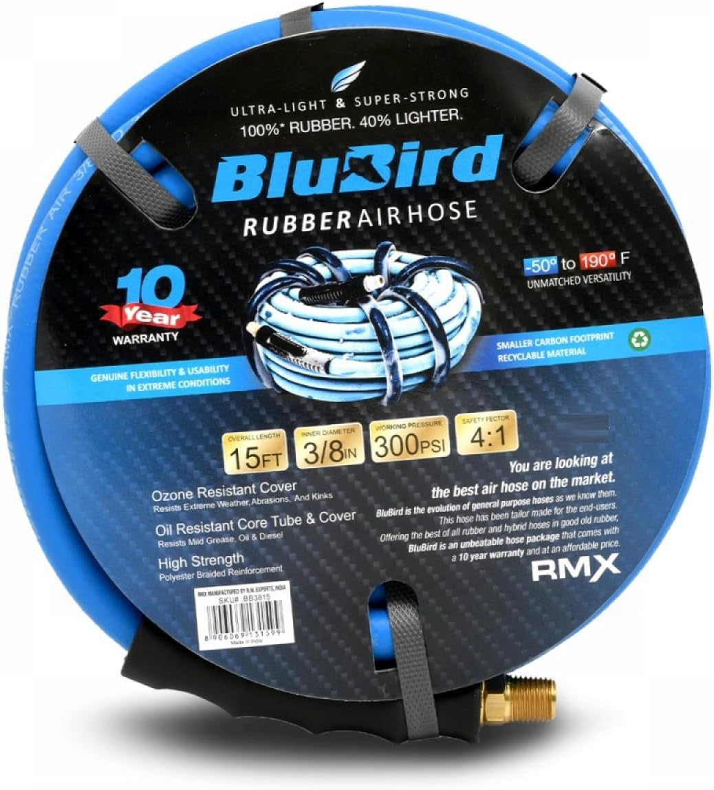 BLUBIRD BB3850 3/8" x 50' Rubber Air Hose, 100% Rubber, Lightest, Strongest, Most Flexible, 300 PSI, 50F to 190F Degrees, Ozone Resistant, High Strength Polyester Braided | High-Performance Pneumatic Hose for Automotive Construction & Industrial, Durable…