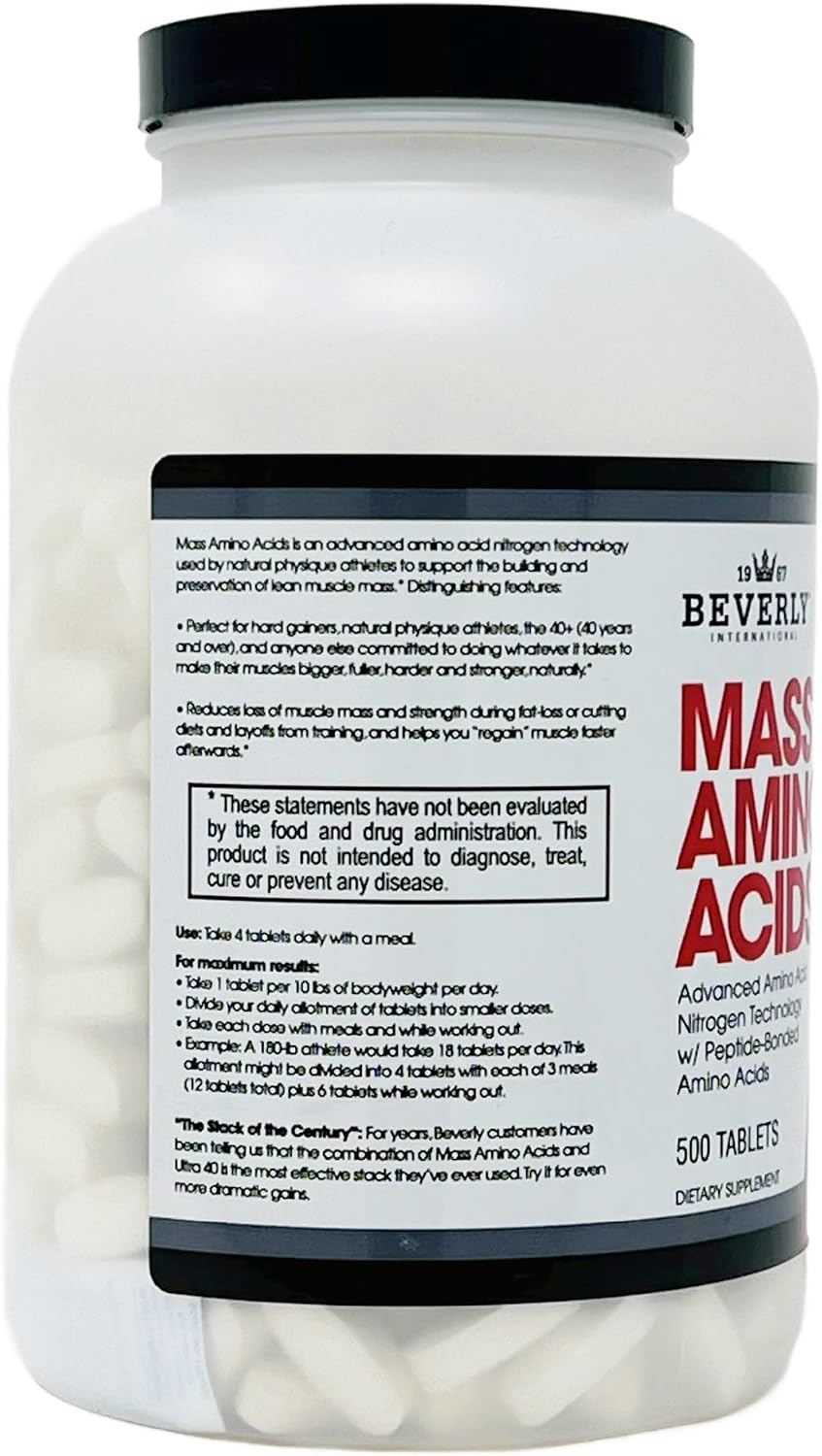 Beverly International Mass Amino Acids, 500 Tablets, Complete Amino Profile | Peptide-Bonded Amino Acids (PBAAs)
