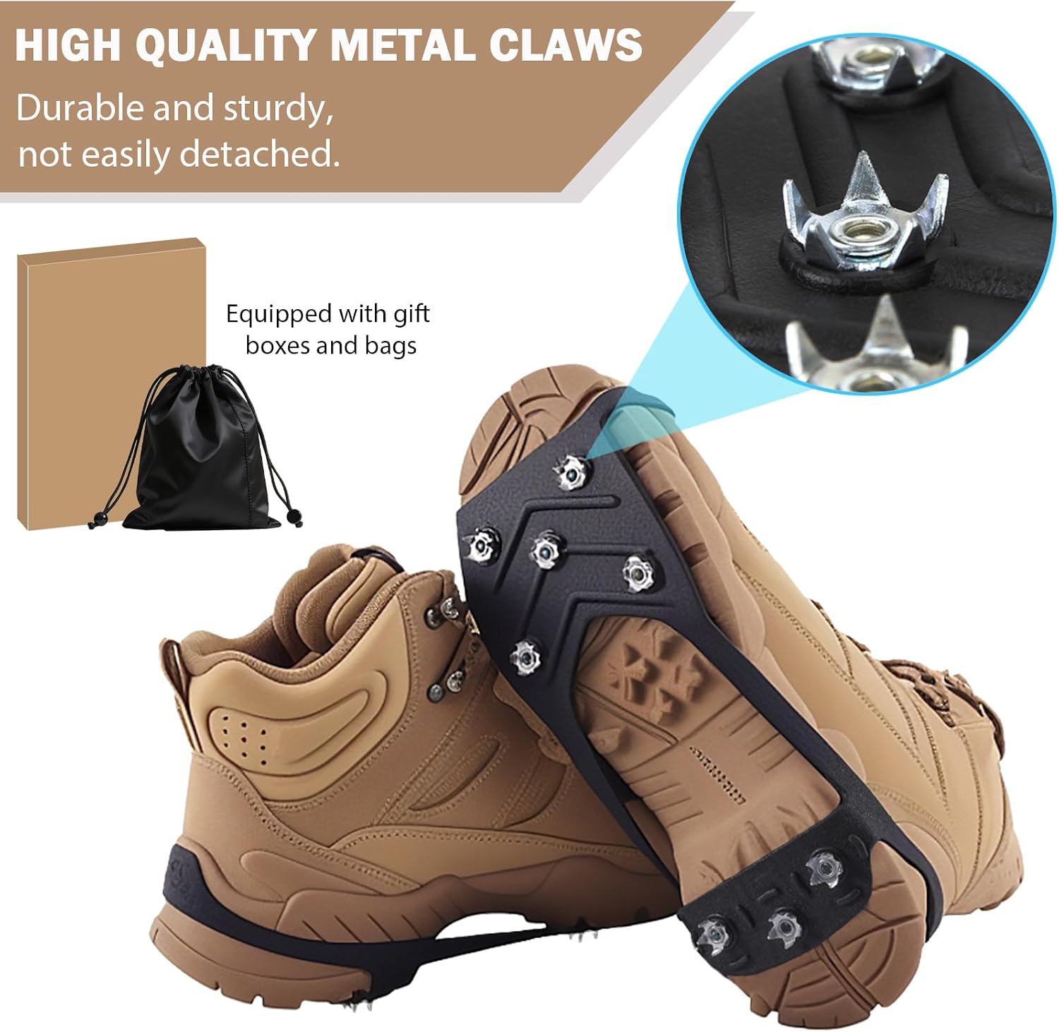 2 Pairs Ice Cleats for Shoes and Boots,Universal 8 Steel Studs Crampon Ice & Snow Grippers for Winter Hiking Climbing Ice Fishing,Anti-Slip
