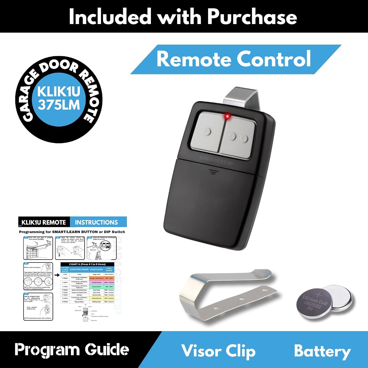 2X Universal Garage Door Opener Remote KLIK1U 375UT 375LM Garage Clicker