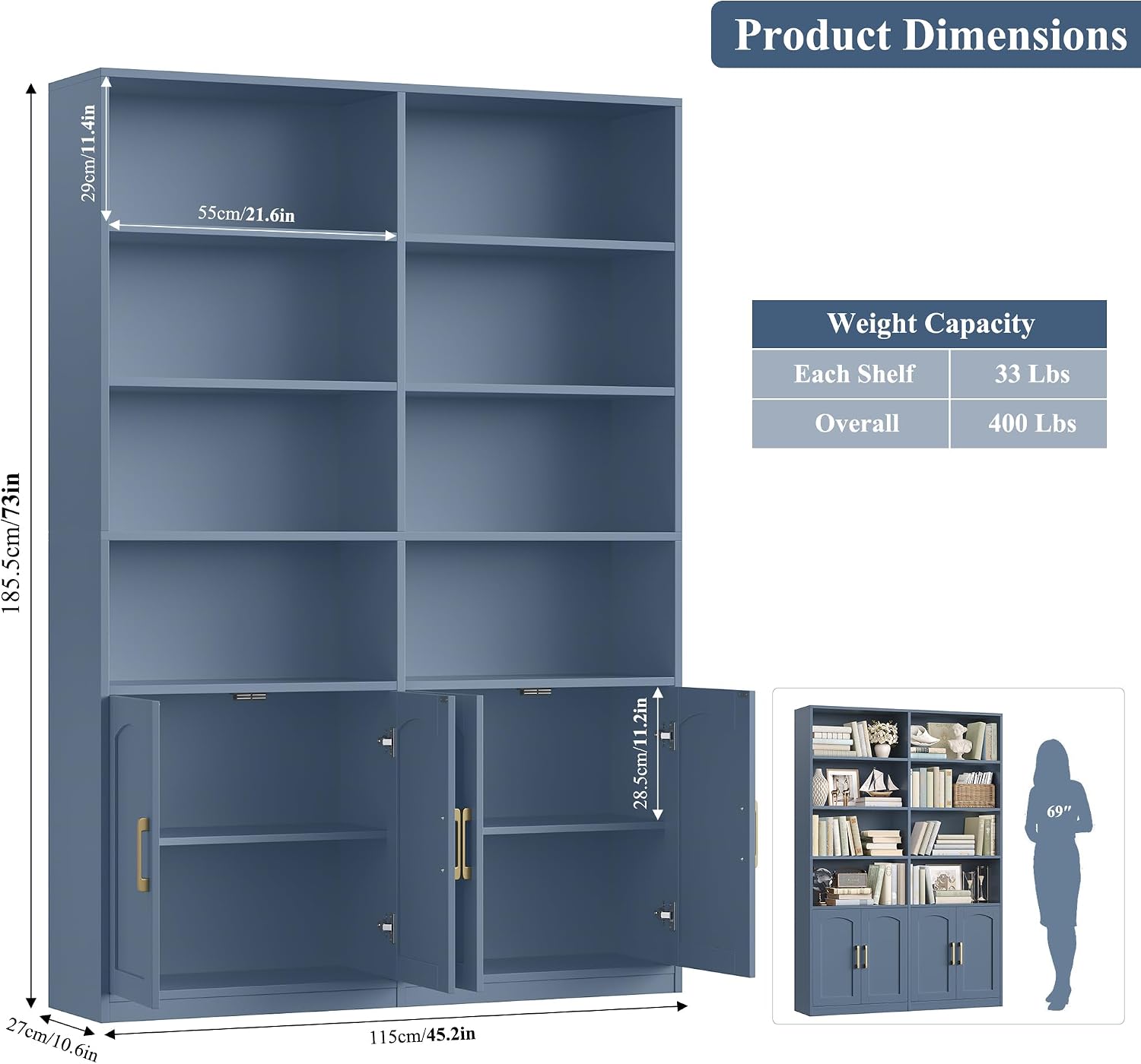 Bookshelf and Bookcase with Doors, Double Wide Large Bookshelves | Industrial Open Display Shelves 6 Tier, 73'' Tall Bookshelf with Storage Cabinets for Office,Home, Living Room, Library,White