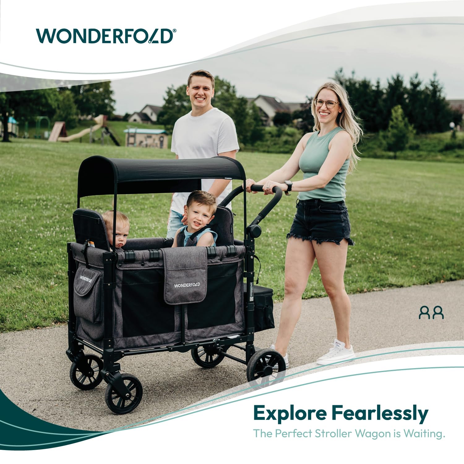 WonderFold W2 Stroller Wagon, Steel Frame, 2 Seater, Black
