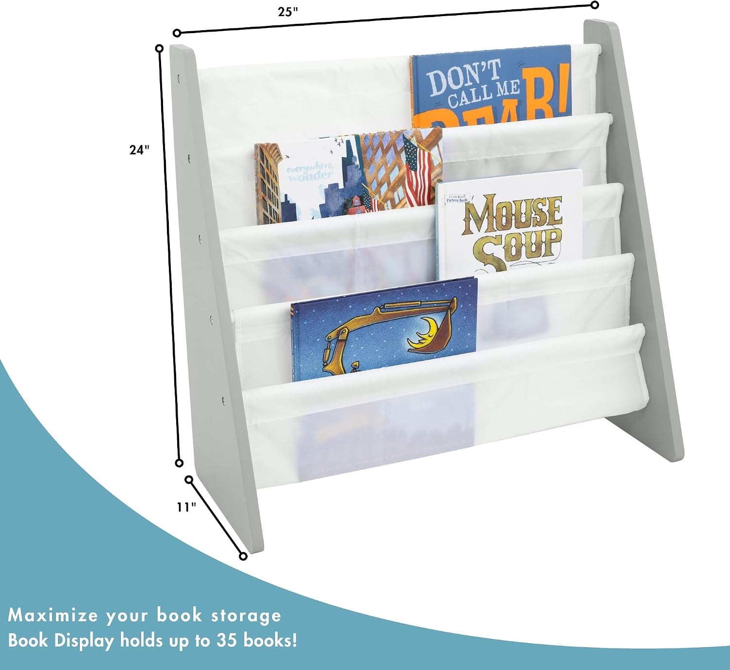 Humble Crew Kids Bookshelf, Montessori Front Facing Toddler Bookcase 4 Tier | Book display rack and reading nook organizer, nylon pockets show covers face out, compact for any playroom or bedroom space