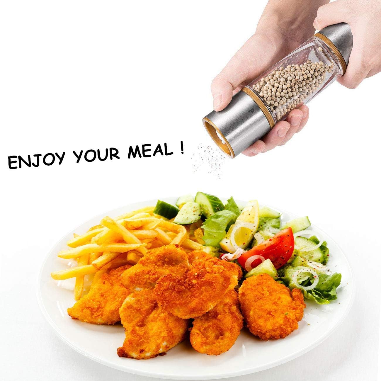 2 in 1 Salt and Pepper Grinder, Clear Acrylic Salt Grinders and Pepper Mill with Adjustable Coarseness Ceramic Rotor, Brown
