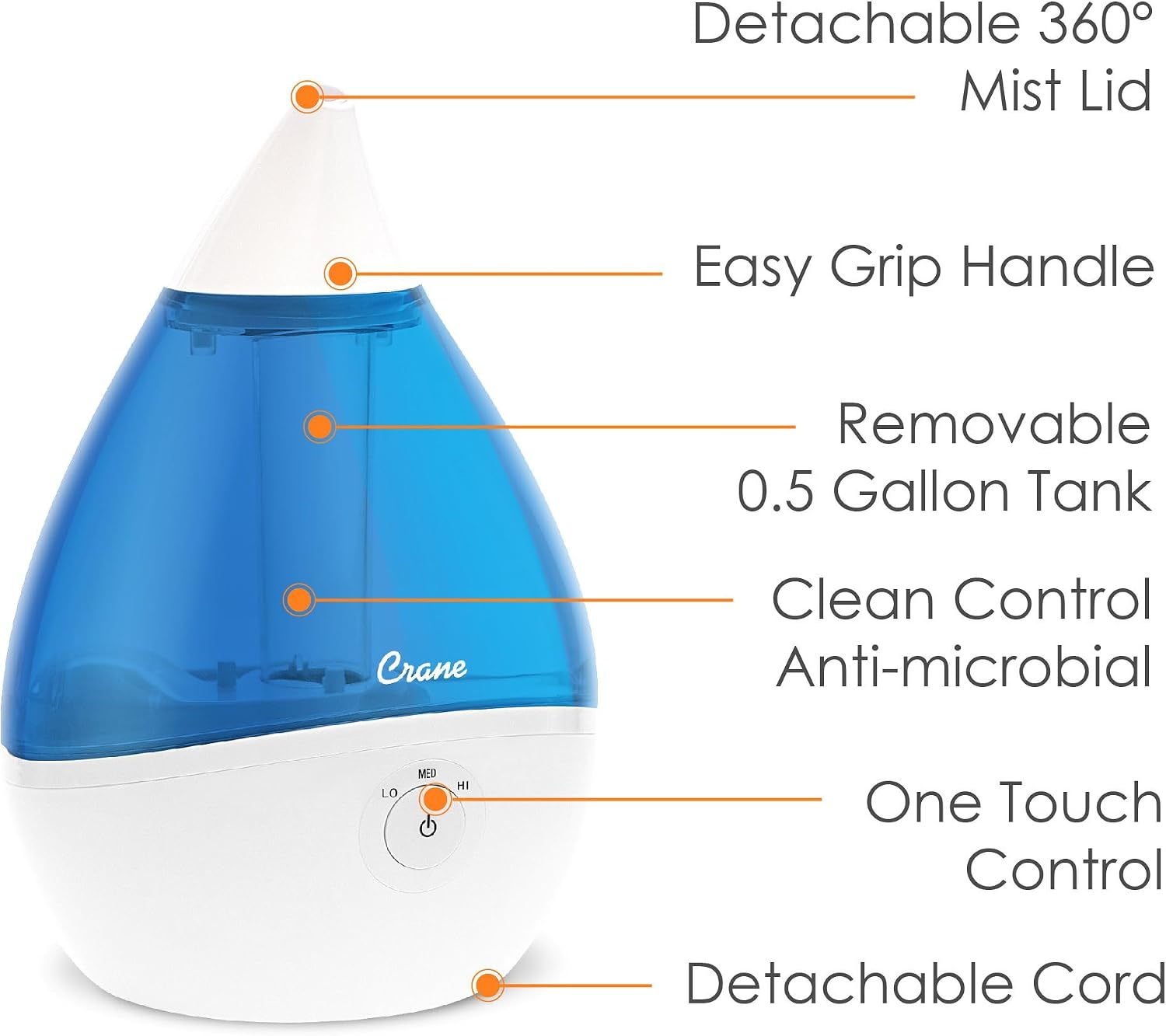 Crane Droplet Ultrasonic Small Air Humidifiers for Bedroom and Office, 0.5 Gallon Cool Mist Humidifier for Plants and Home, Humidifier Filters Optional, Blue and White