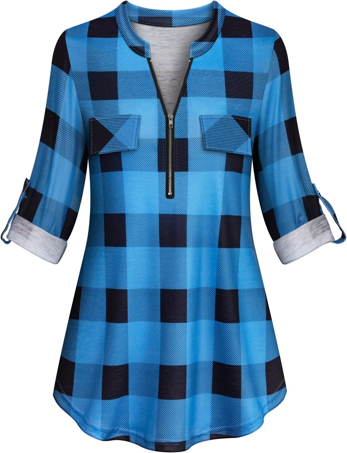 Tanst Sky Womens Casual Long Sleeve Zipped V Neck Plaid Tunic Blouses