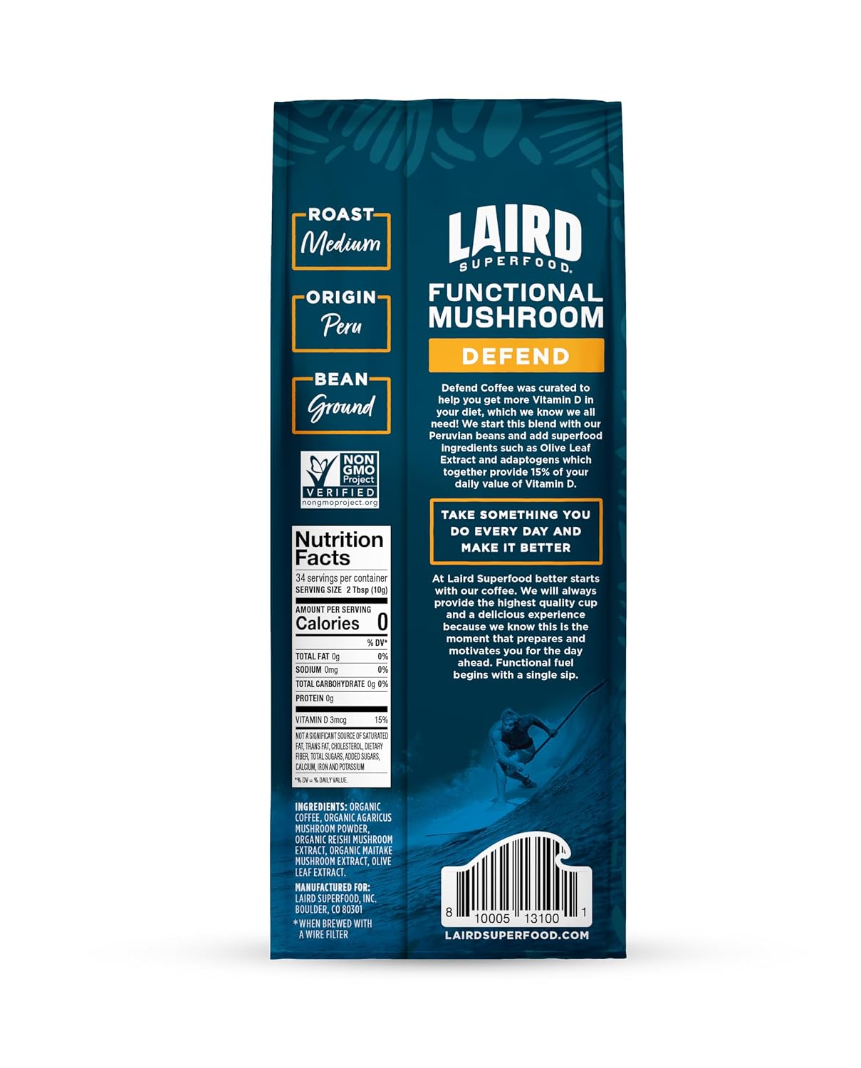 Laird Superfood Peruvian Dark Roast Coffee with Functional Mushrooms, Certified Organic Peruvian Ground Coffee Beans, Gluten-Free, Dairy-Free, Non-GMO