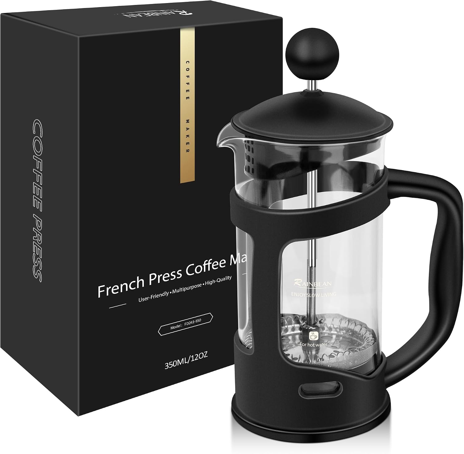 RAINBEAN Mini French Press Coffee Maker, 1 Cup, 12oz, Maximum Flavor Brewer with Stainless Steel Filter, 350ml - Small