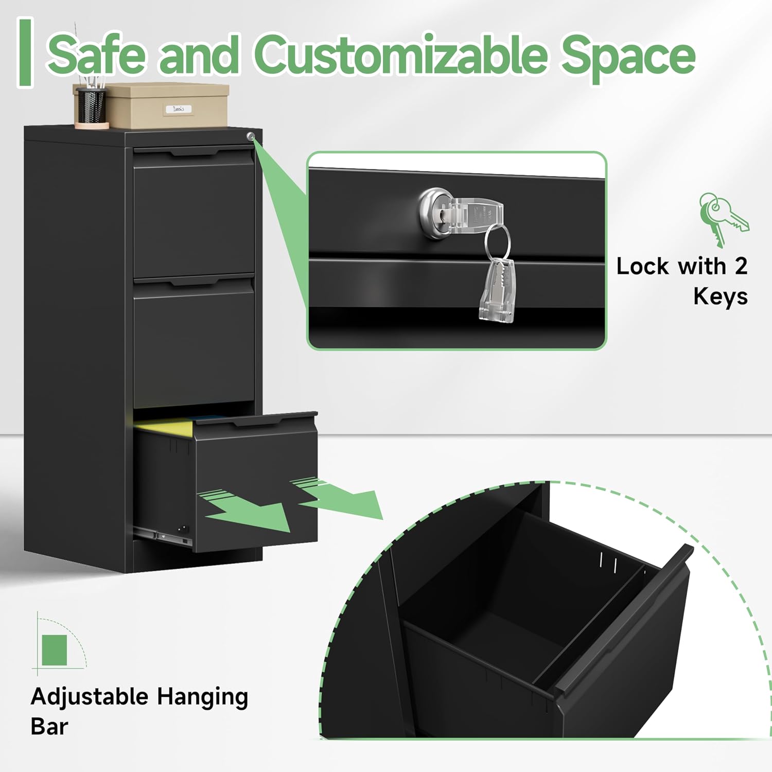 3 Drawer File Cabinet with Lock,Filing Cabinets for Home Office,Metal Small File Cabinet for Letters/Legal/A4 Size, Assembly Required,Black 3 Drawer-15 W