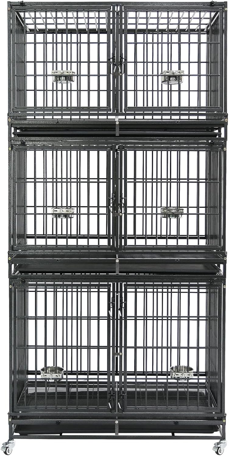 Homey Pet Three Tiers 43 inch Heavy Duty Dog Crate with Wheels, Dual Doors | Stackable Indestructible Steel Dog Cage Kennel Indoor with Divider, Trays, Bowls, Escape Proof Locks for Breeders and More