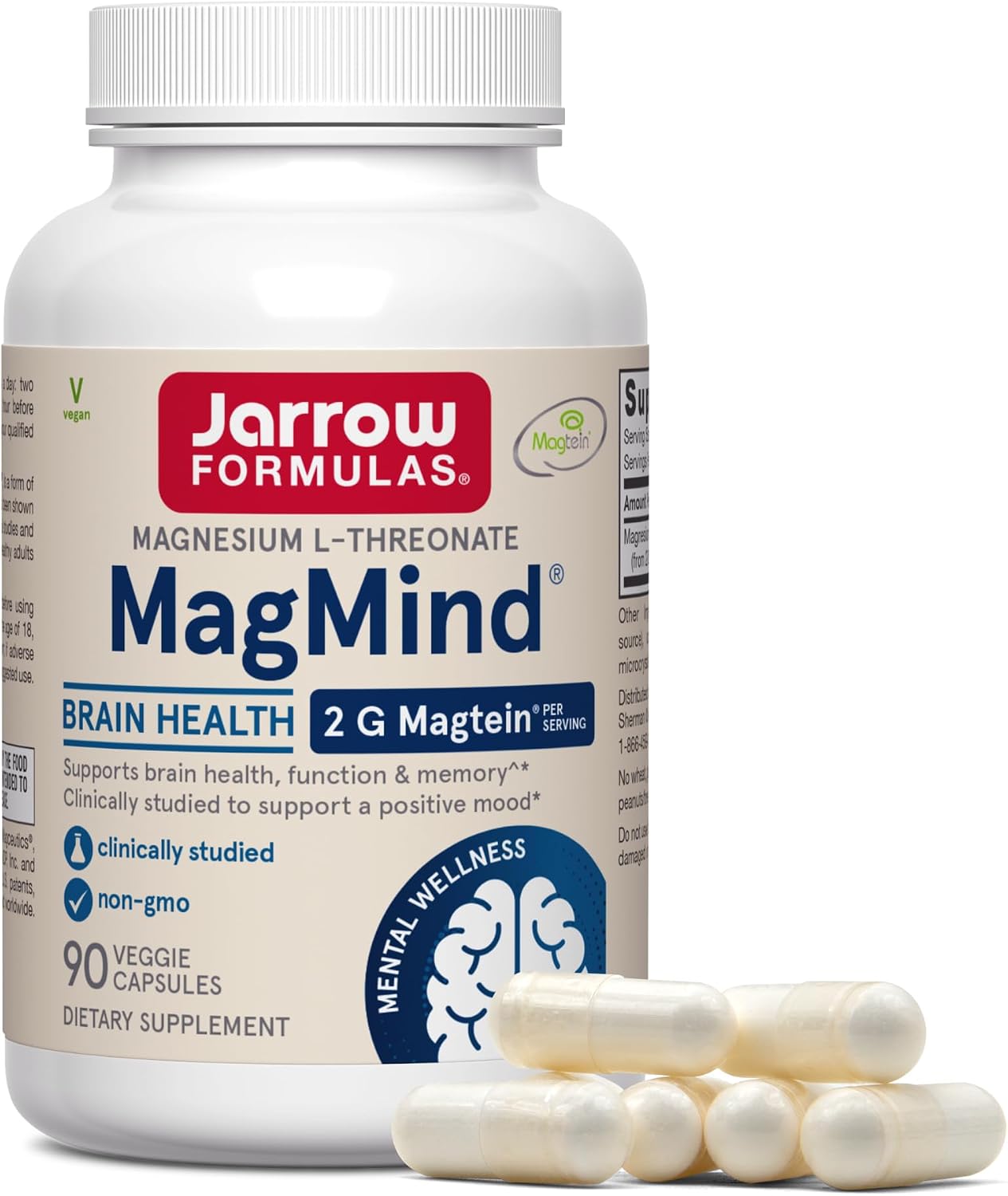 Jarrow MagMind Magtein Magnesium L-Threonate, 90 Capsules | Magnesium Supplement, Brain Supplements For Memory Support, Veggie Capsules, 30 Day Supply