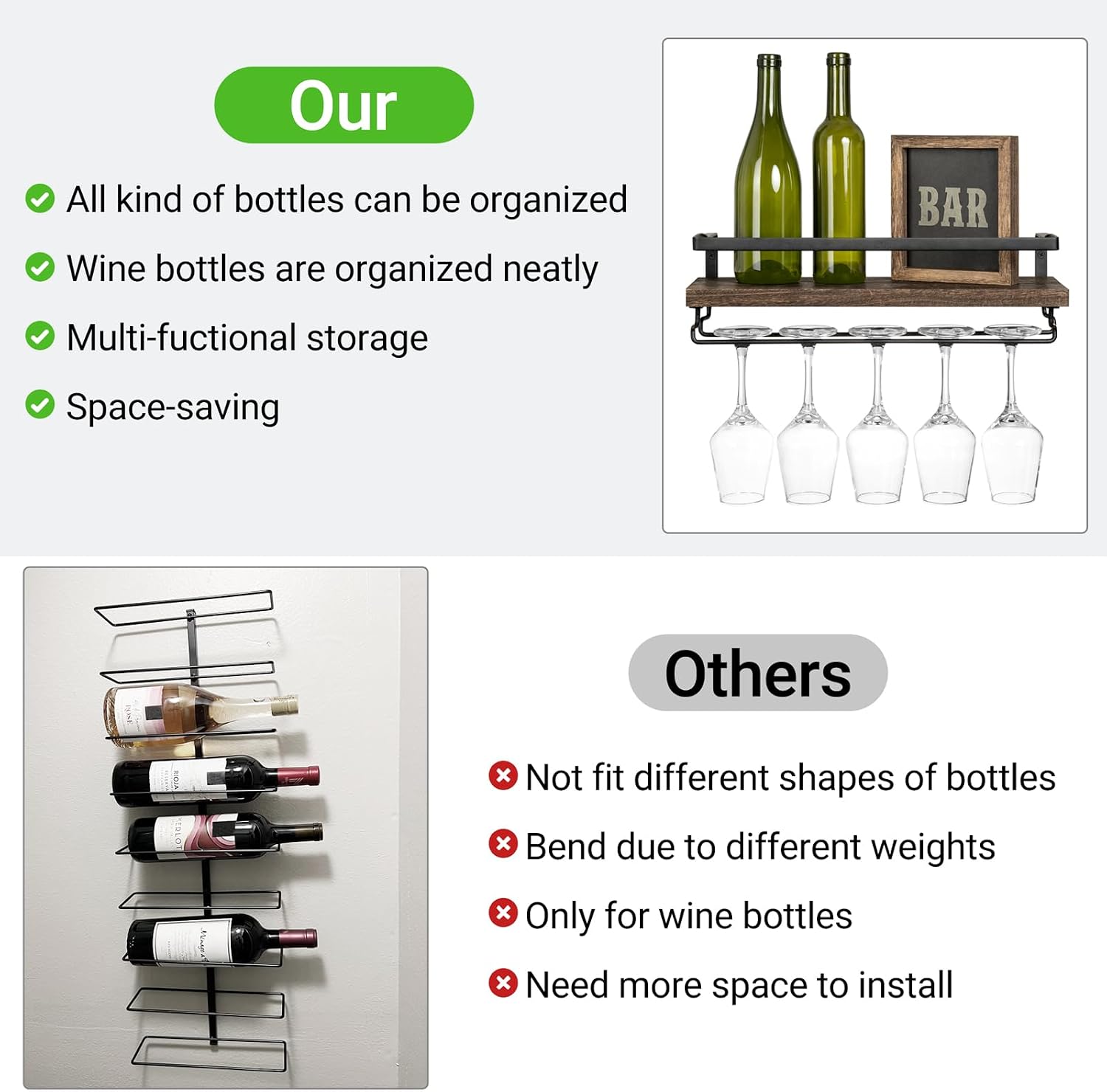Mkono Wall Mounted Wine Rack Set of 2 Wood Rustic Wine Bottle Glass Floating Shelves with Stemware Hanger Modern Plants Photos Wine Display Storage
