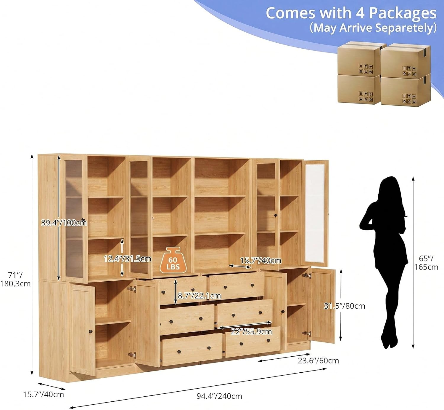 TUSY 71" H Bookcase with Storage | 6-Tier Modern Bookshelf with Drawers, Display Bookcase with Glass Doors, White Curio Cabinet for Home Office, Living Room