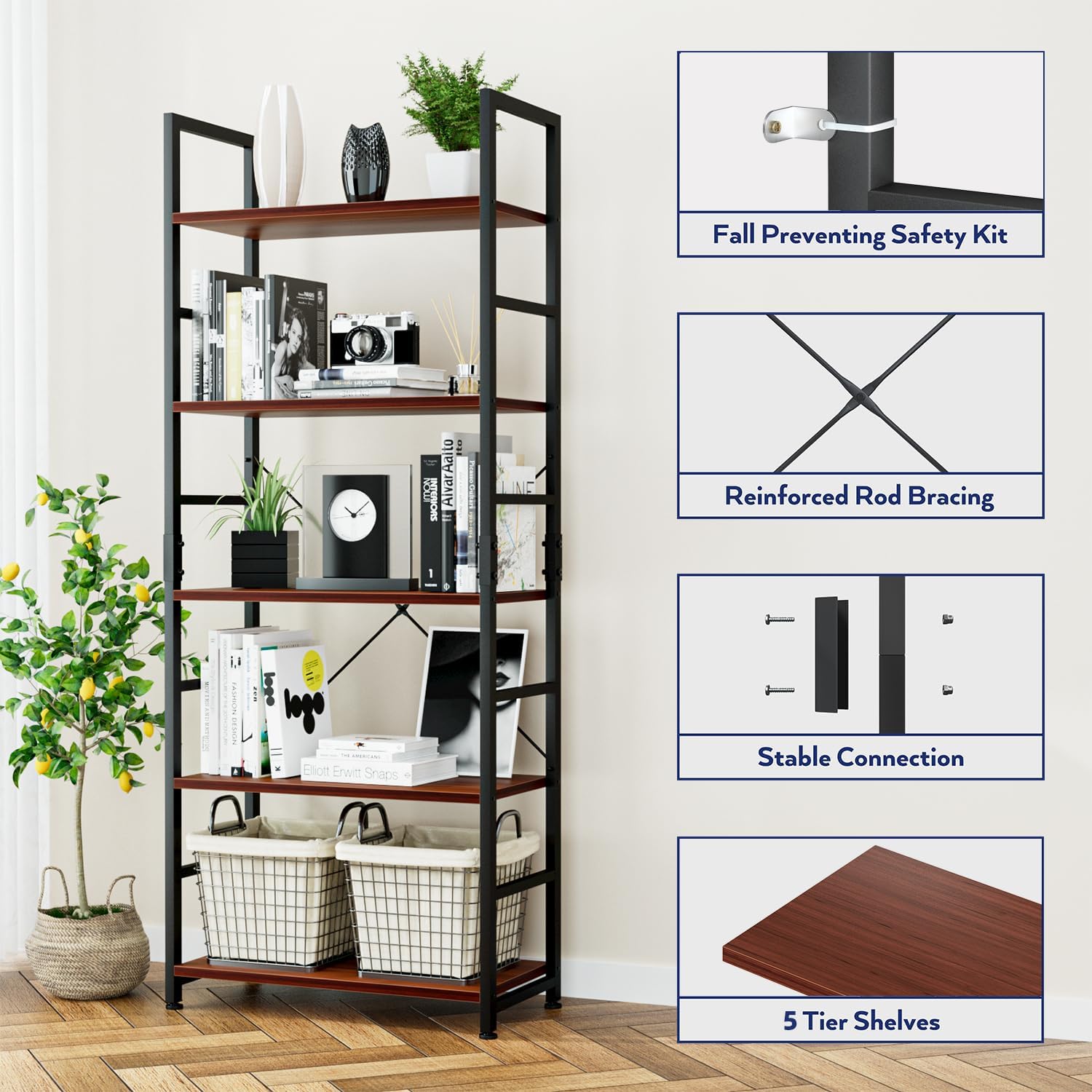NUMENN 5 Tier Bookshelf, Tall Freestanding Open Storage Bookcase, Vintage