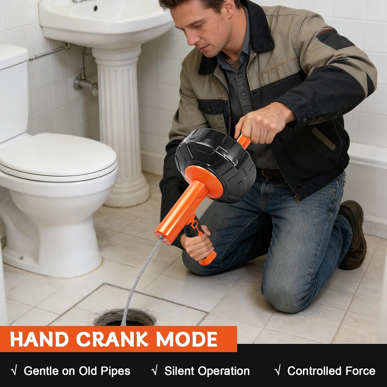 45 FT Drain Snake Auger Manual & Drill Powered Auto Retract | Drill Attachment Adapter, Automatic Feed & Retract Cable