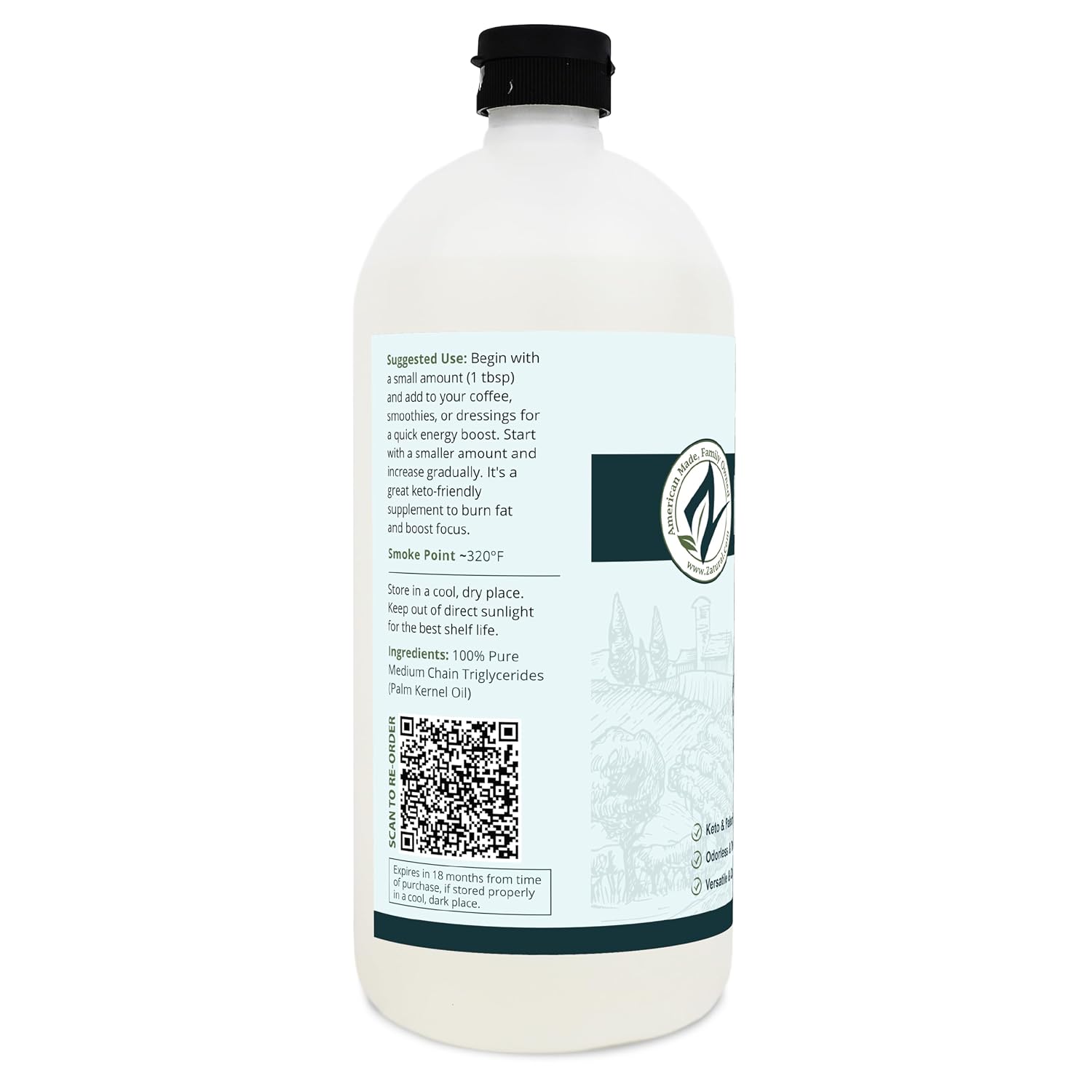 Pure MCT Oil, Carrier, Massage, Hydrating, Hair, Food, and Therapeutic Grade, 8 Oz