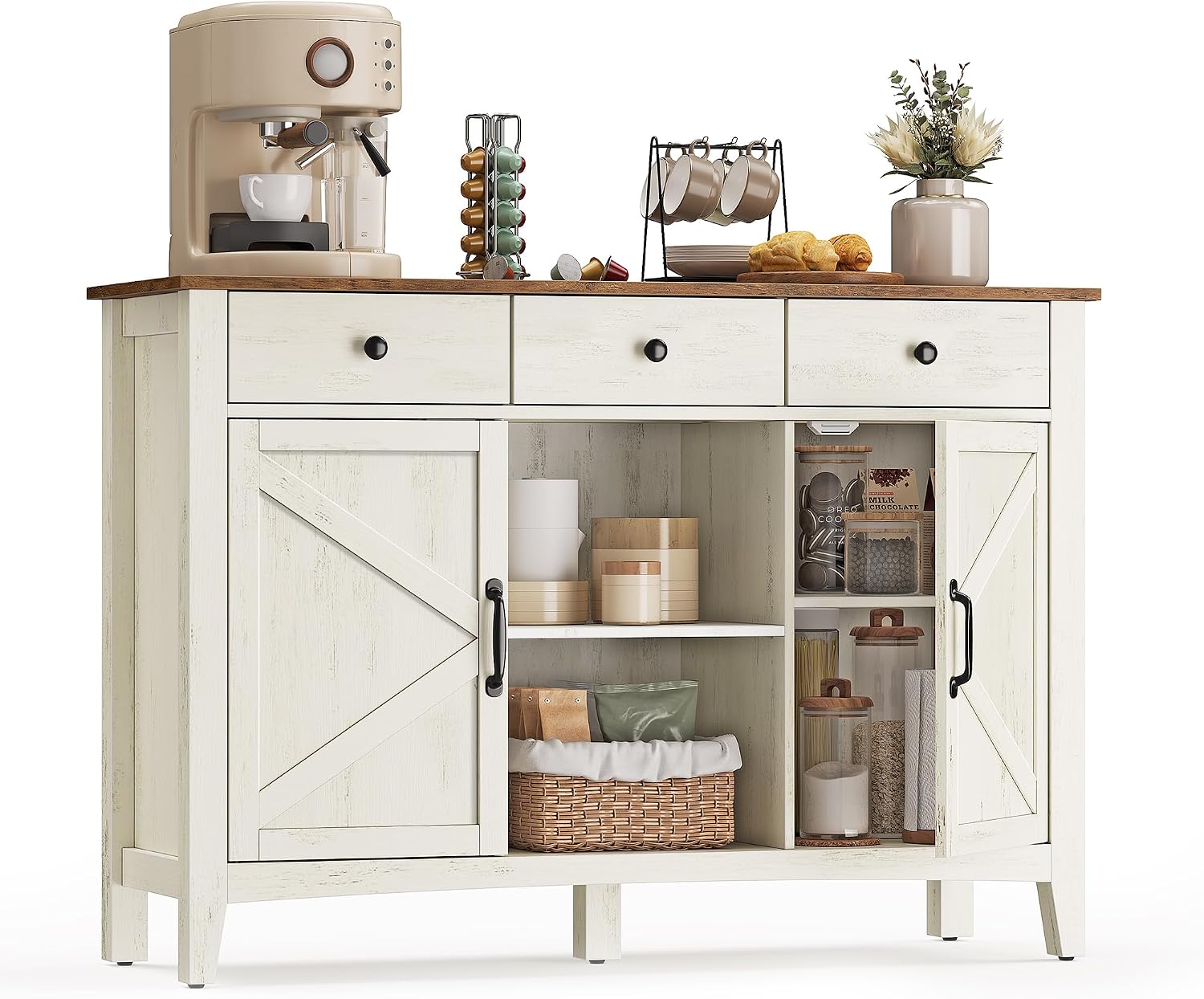 VASAGLE LIRY Collection - Storage Cabinet, Buffet Cabinet, Sideboard, Credenza, with Adjustable Shelves, for Entryway, Rustic White and Honey Brown ULSC381W01
