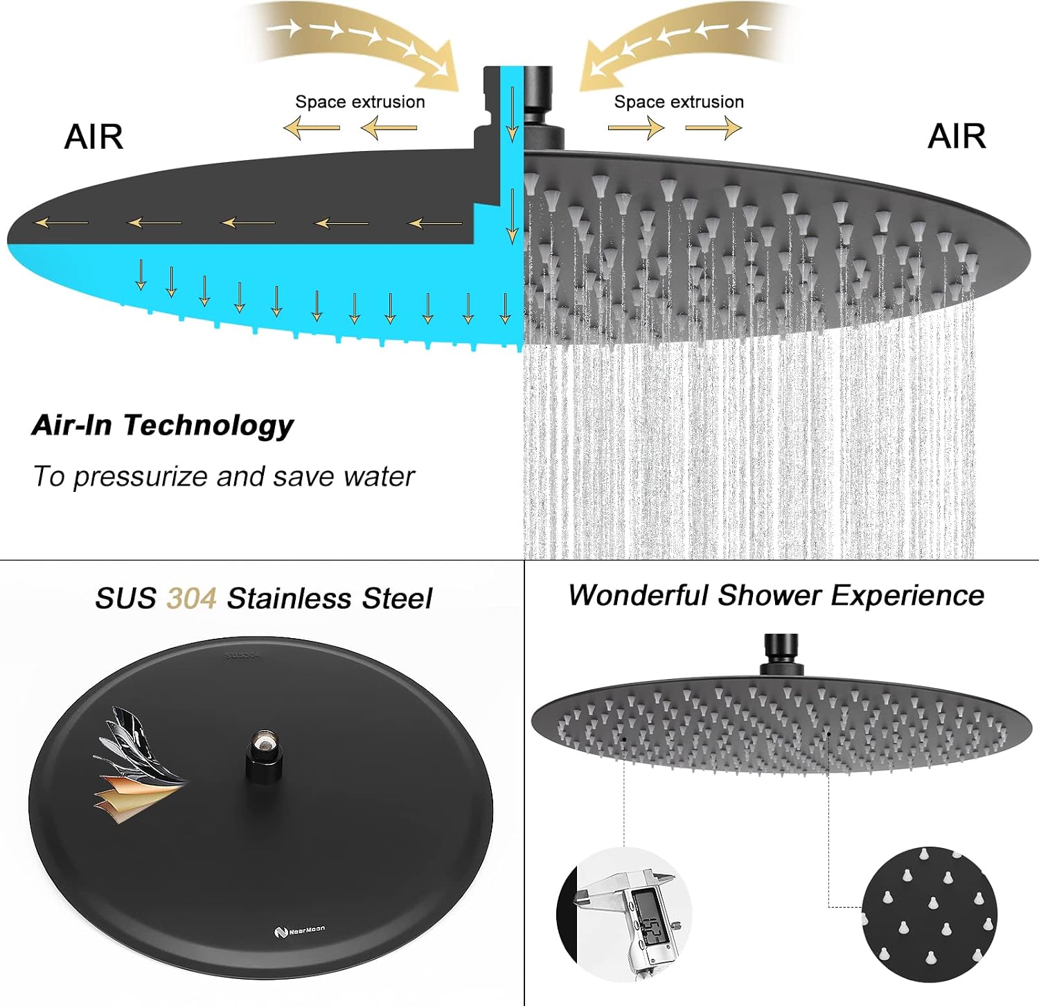 NearMoon Rain Shower Head, Ultra-Thin Design-Pressure Boosting, Awesome Some Experience, High Flow Stainless Steel Rainfall Head (10 Inch
