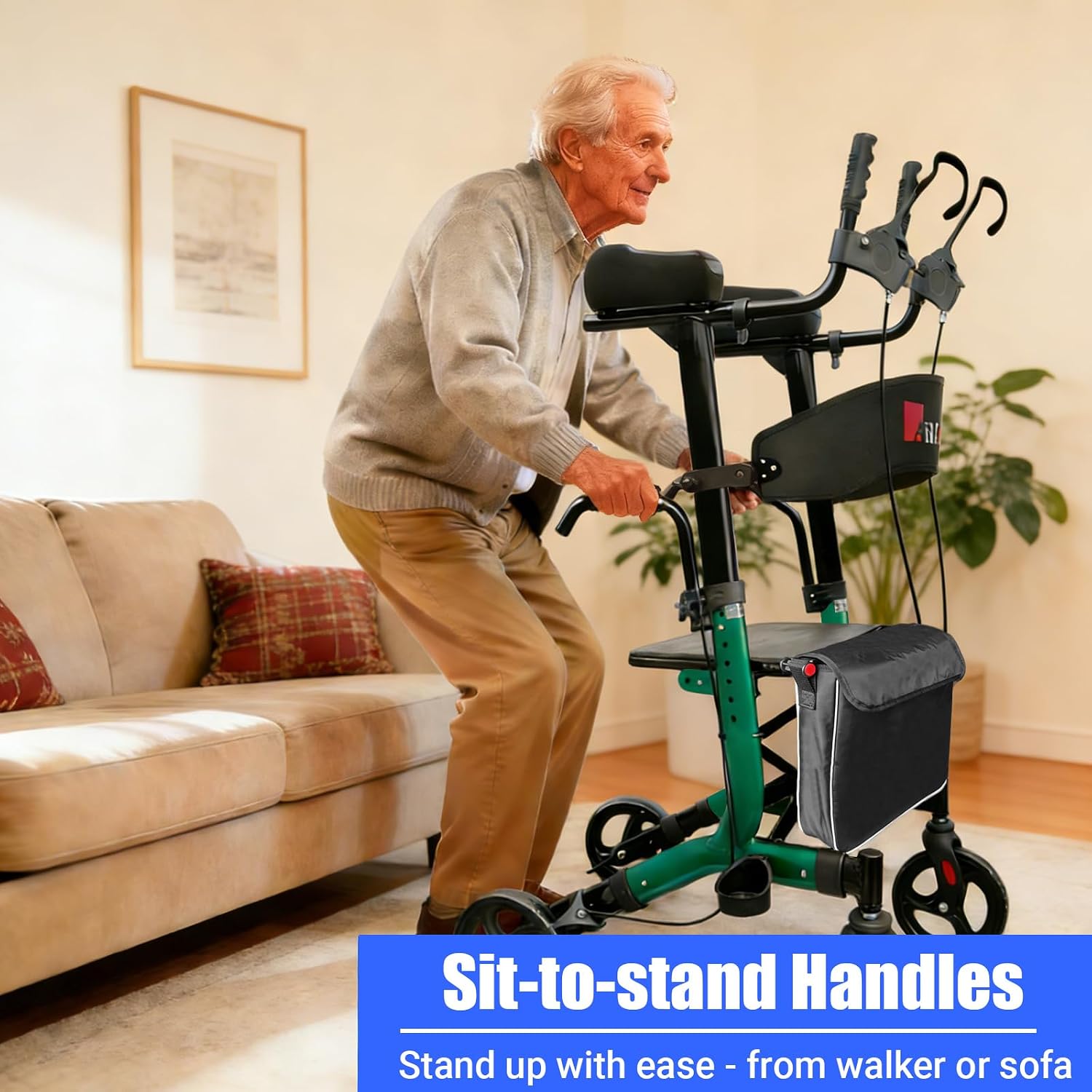 Aliseniors Upright Walker for Seniors - Big Stand Up Walker with Wide Seat, Foldable 4 Wheel All-Terrain Rolling Walker, Adjustable Armrests, 300lbs, Improves Posture & Reduces Back Strain | 20.6" Wide Seat, Foldable Rollator, 8" All-Terrain Wheels, Adju…