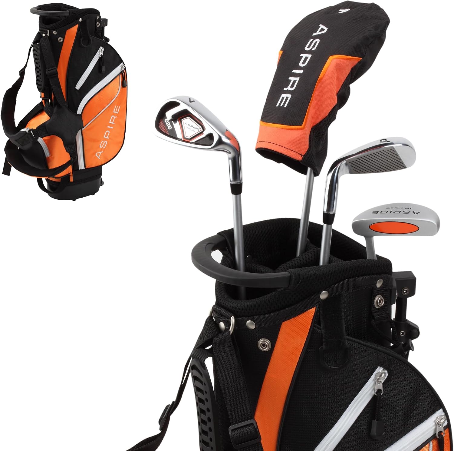 Aspire Junior Plus - Kids Complete Golf Club Set | Aircraft-Grade Aluminum, 15% Larger Clubhead, 7 Iron & Pitching Wedge, Progressive Flex Shafts, Rain Hood, 2 Headcovers