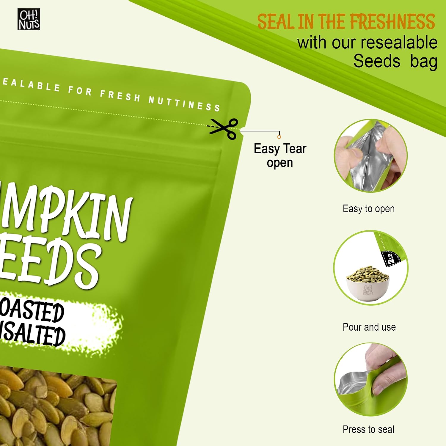 Oh! Nuts Pumpkin Seeds Roasted Unsalted Pepitas No Shell 2 Pound | Roasted unsalted pumpkin seeds no shell - Premium pepitas to eat packed in NY