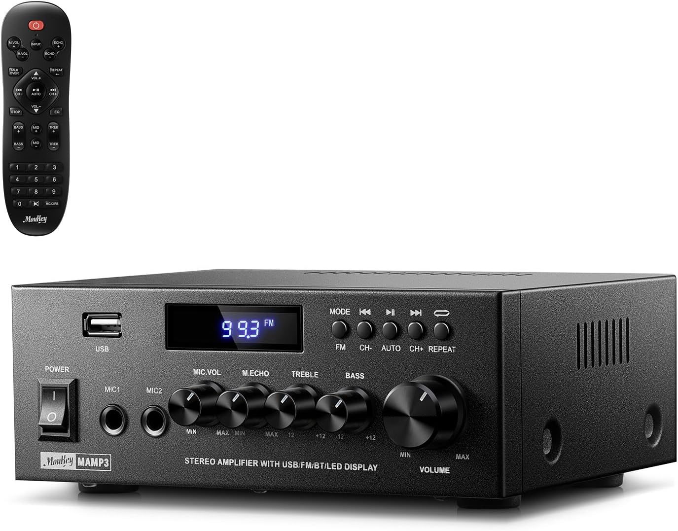 Moukey Stereo Receivers with Bluetooth 5.0, 2.0 Channel Power Audio Amplifier Stereo System w/USB, SD, AUX, RCA, MIC in w/Echo, LED for Karaoke