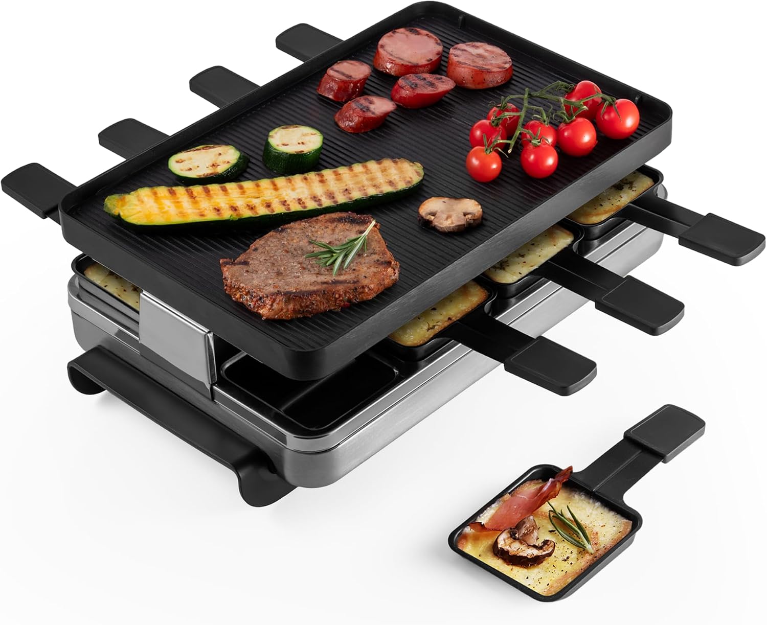 Swissmar Classic 8-Person Raclette Party Grill - Indoor Electric Grill & Griller with Reversible Cast Iron Grill Plate/Crepe Top - Anthracite Black