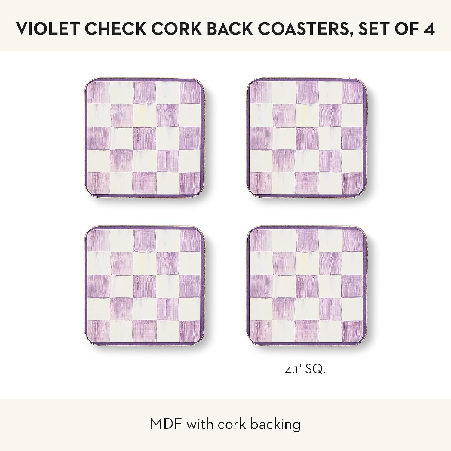 MACKENZIE-CHILDS Square Coasters Set, Black-and-White Courtly Check | Hand-painted design, made from MDF with a cork back, table coasters for drinks, 4" square, set of 4