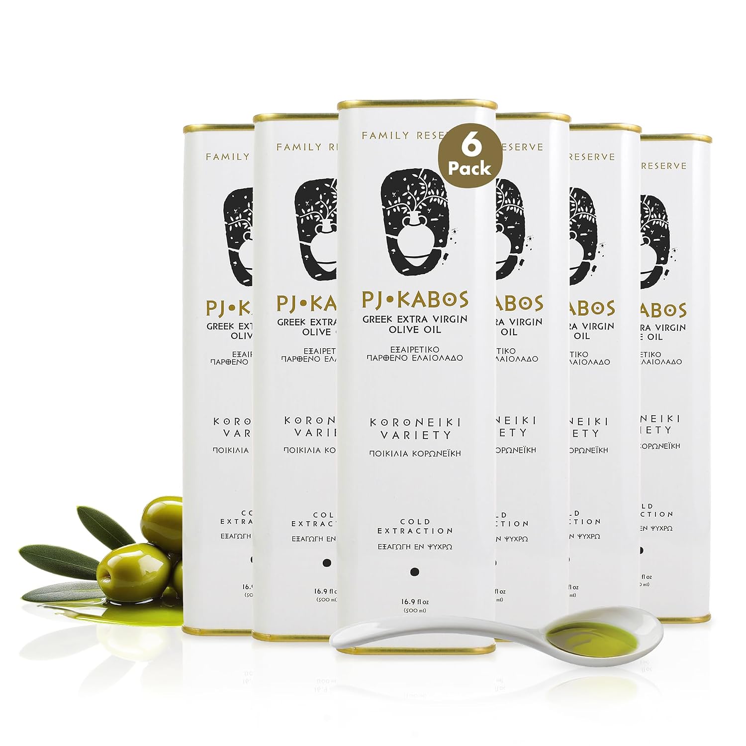 P.J. KABOS Fresh 2025/26 Harvest, High Phenolic (400+mg/kg), Natural Greek Extra Virgin Olive Oil, Kosher, Greece, Cold Extracted, 16.9 oz Tin, Koroneiki, "Family Reserve -Medium"