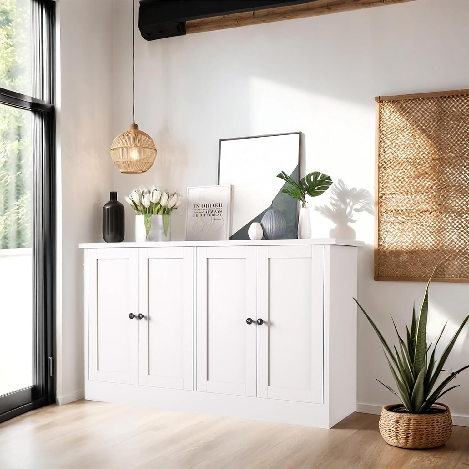 holzart White Buffet Cabinet with Storage, 49" Modern Kitchen Sideboard with 4 Doors & Adjustable Shelves, Wood Coffee Bar Cabinet Console Table for Dining Room, Living Room, Entryway