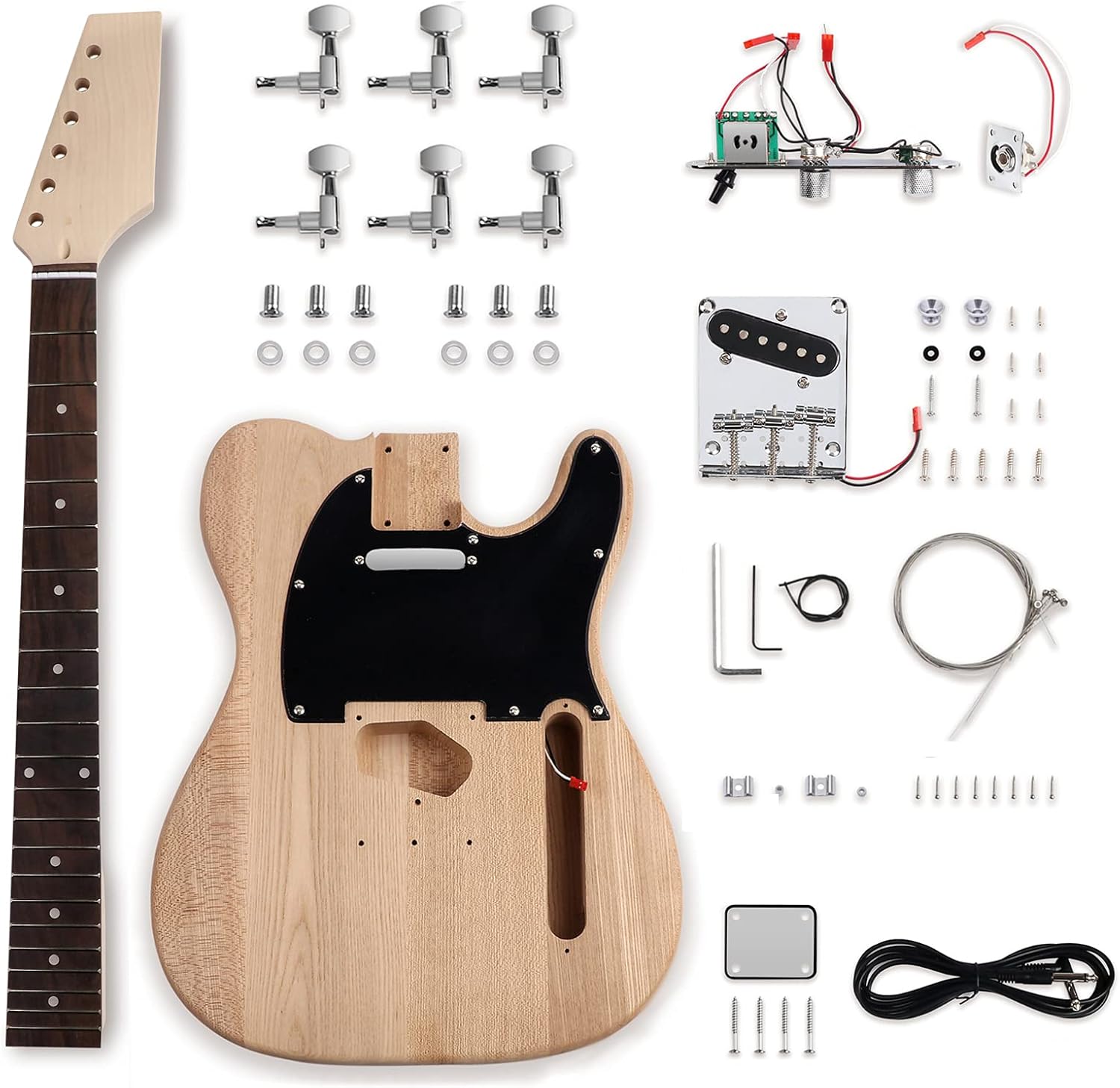 DIY Electric Guitar Kit Beginner Kit Right Handed with Ash Body | Hard Maple Neck, Rosewood Fretboard, Chrome Hardware, 6 String