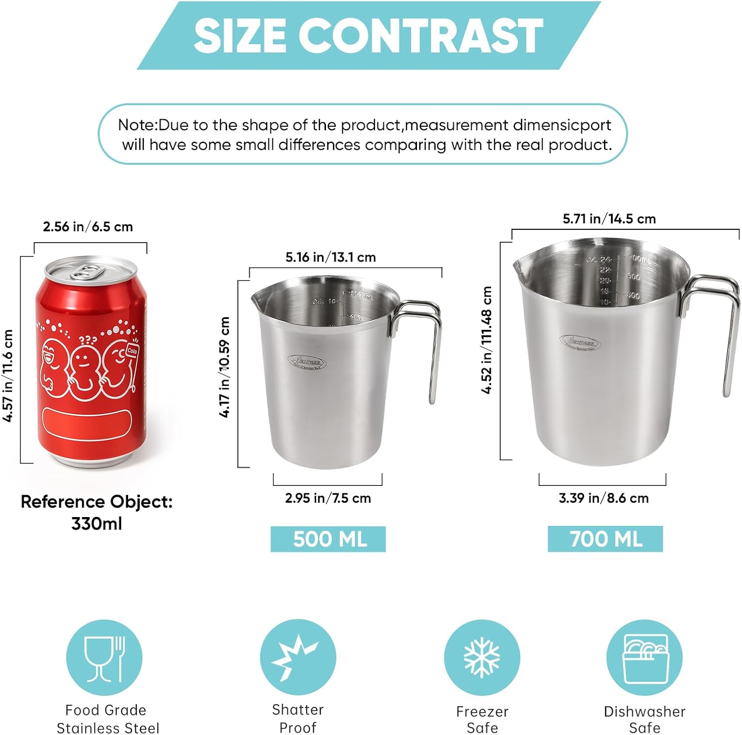 Newness Stainless Steel Measuring Cup, Metal Measuring Cup with Handle (Upgraded, 3 Marking Including Cup/ML/Ounce Scale), 16 Ounces (0.5 Liter, 2 Cup)