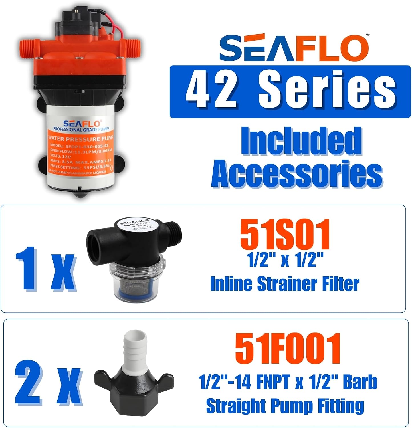 SEAFLO 55 Series 12V RV Water Pump 5.5 GPM 60 PSI Diaphragm Pump Heavy Duty Pressure Switch Built In Bypass Self Priming Quiet High Flow RV Marine Off Grid Freshwater System 4-Year Warranty