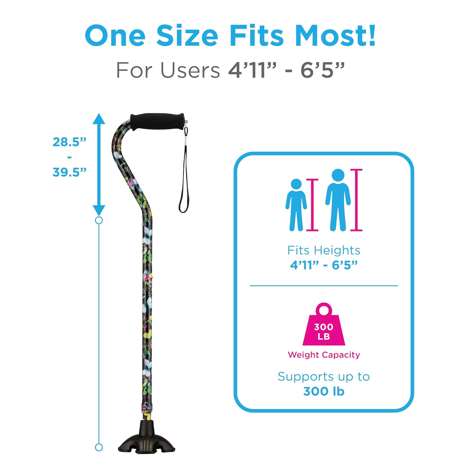 Nova Joy Designer Offset Quad Cane for Seniors - Unisex Adjustable Lightweight Walking Aid with Foam Handle, Wrist Strap and Anti-Rattle Lock - Essential Mobility Support - Maui Flowers