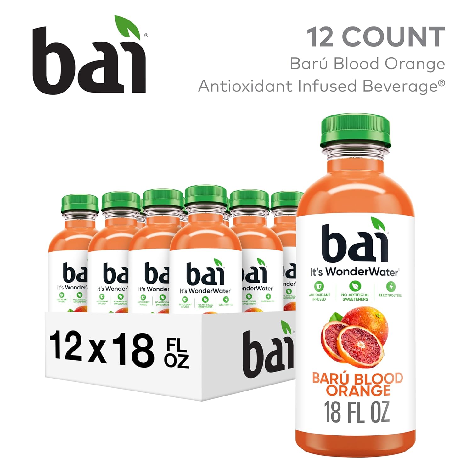 Bai Antioxidant Infused Water Beverage, Baru Blood Orange, 18 Fluid Ounce Bottle, 12 Pack