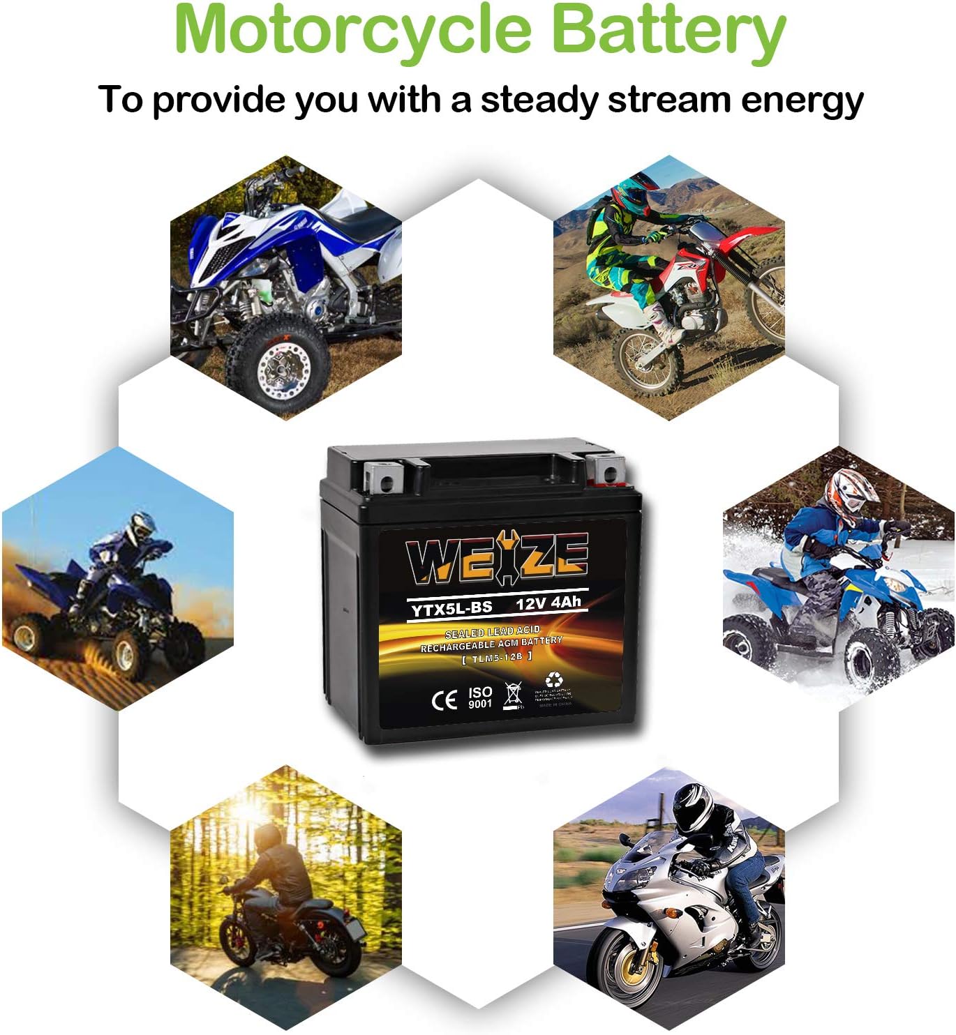 Weize YTX14 BS ATV Battery High Performance - Maintenance Free - Sealed AGM YTX14-BS Motorcycle Battery compatible with Honda Suzuki Kawasaki Yamaha scooter snowmobile