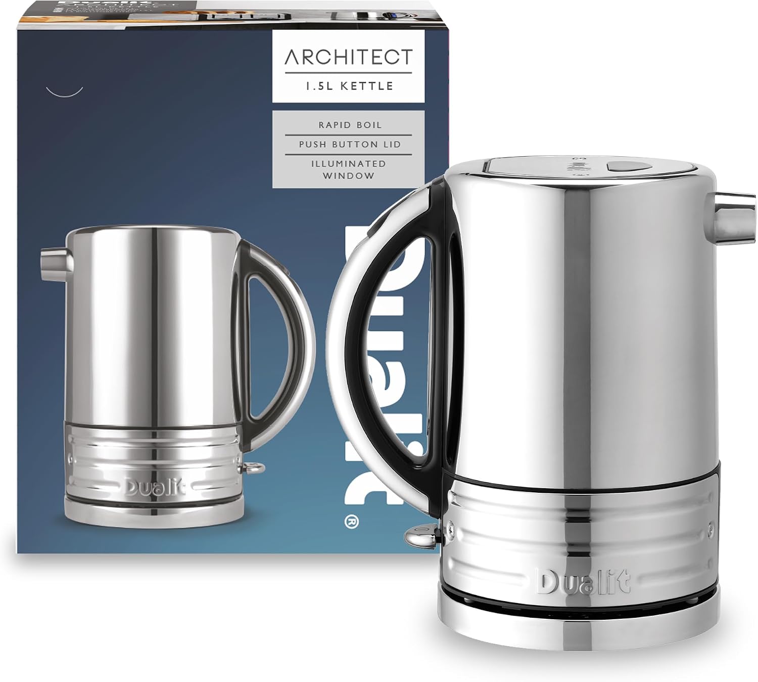 Dualit Design Series Kettle - 50.7 fl.oz - Stainless Steel Kettle with Black Trim - Rapid Boil and Patented Pure Pour Non-Drip Spout - Measuring