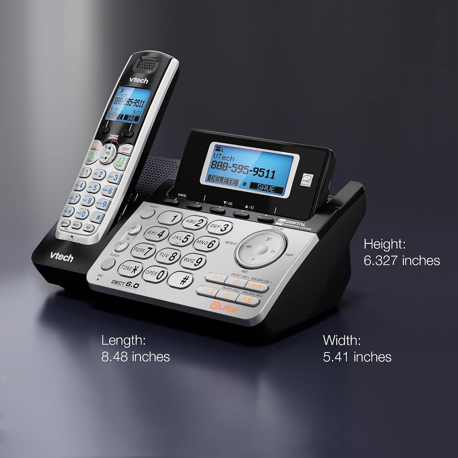 VTech DS6101 Accessory Handset for DS6151 Series, Black/Silver | 2-Line Cordless Phone, Answering System, Expandable up to 12 Handsets, Intercom & Conference