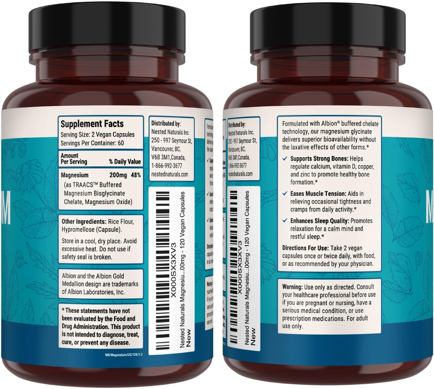 Nested Naturals Magnesium Glycinate Chelate - 200mg Chelated Magnesium Supplement for Muscle Cramps, Relaxation, & Sleep Support - 100% Albion TRACCS Buffered Magnesium Glycinate - 120 Vegan Capsules