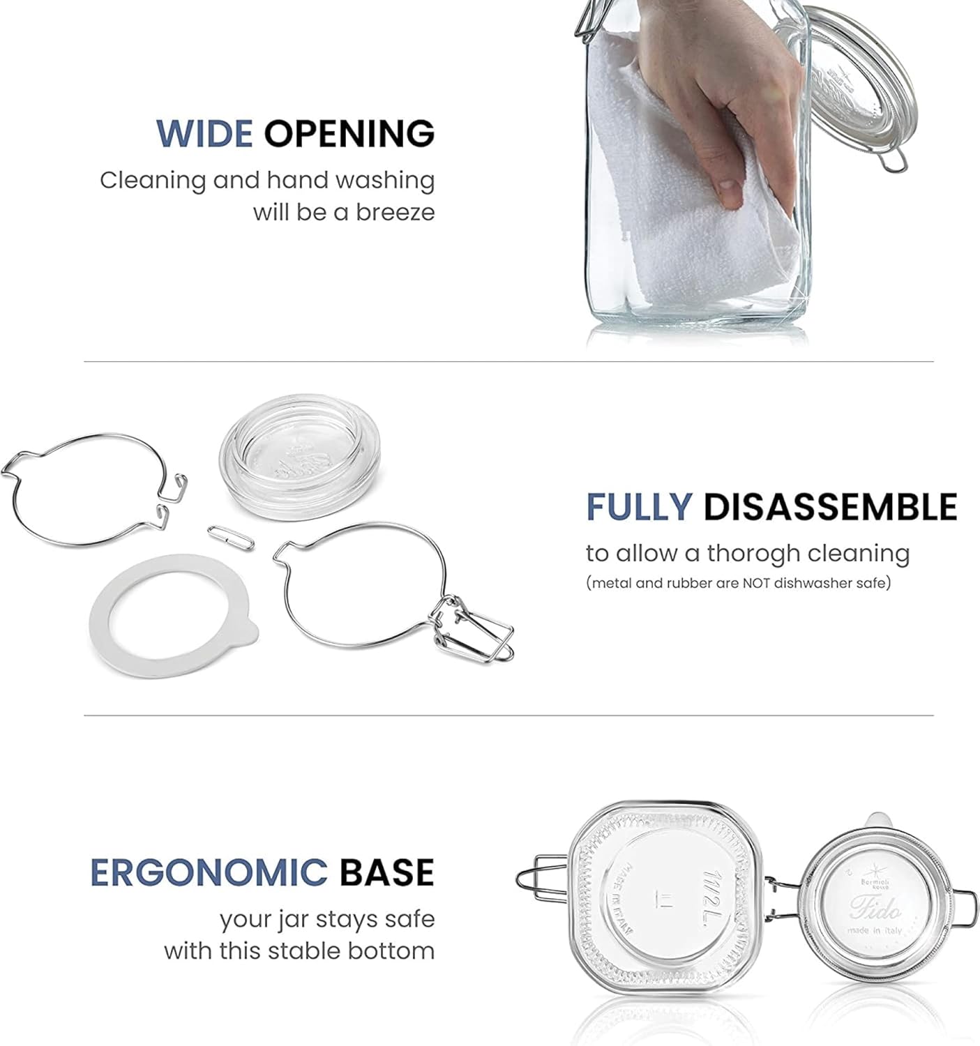 Bormioli Rocco Fido Glass Jar with Airtight Clamp Lid, 67.75 Oz - Clear | Italian Glass Fermentation Jar for Kombucha, Kimchi, Pickles & Sauerkraut